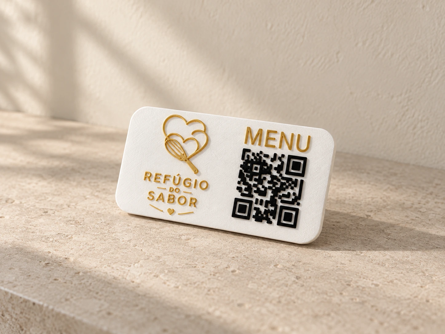 Placa branca de menu QR Code Refúgio do Sabor