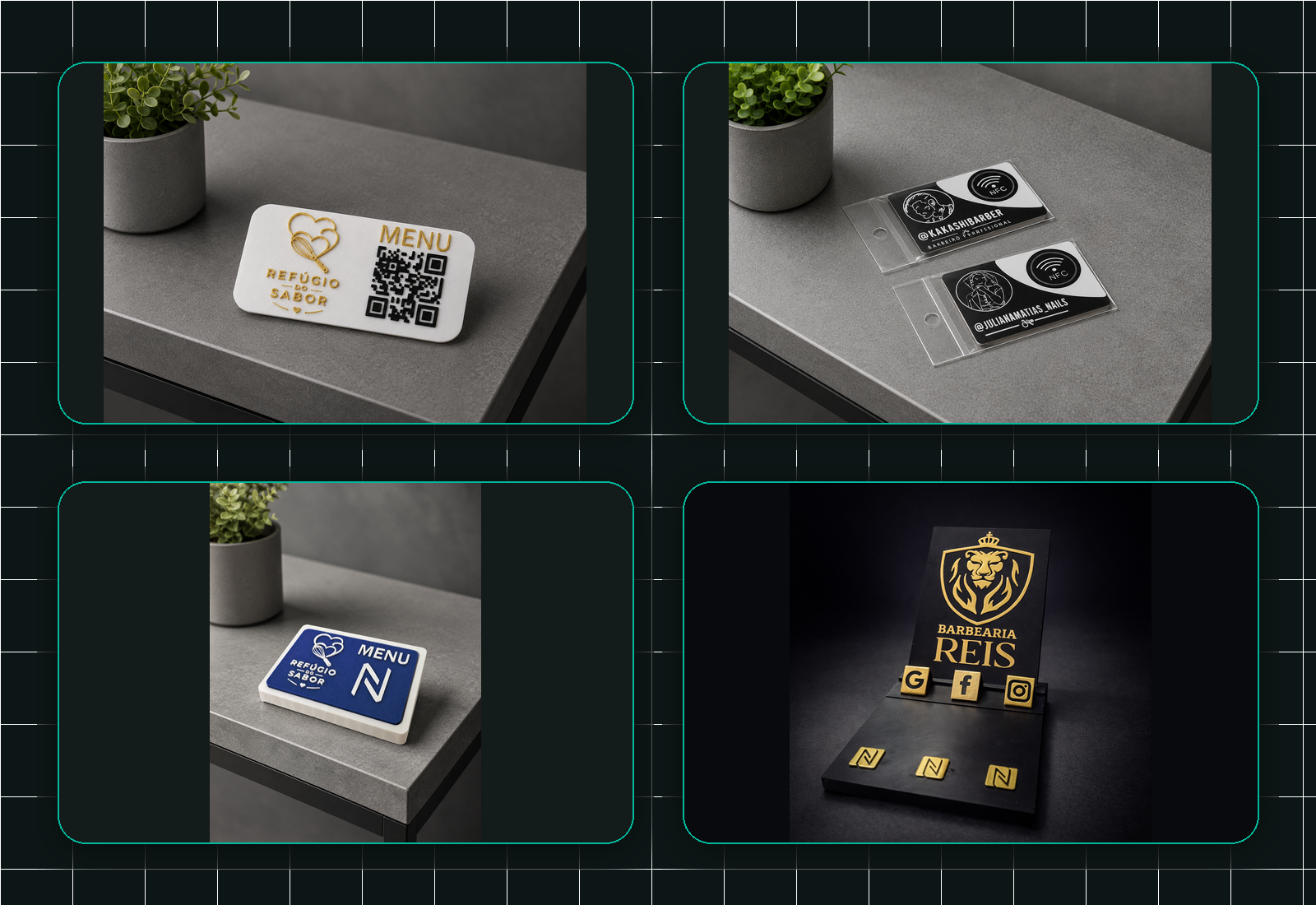 Montagem de placas QR, cartões NFC e suportes digitais personalizados com imagens completas